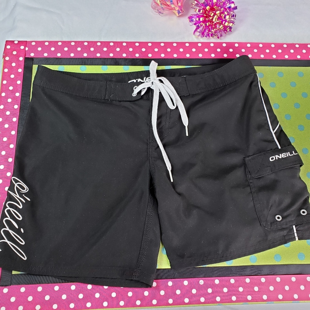 O'Neill Board Swim Shorts Black sz 5 Logo Spellout Tie